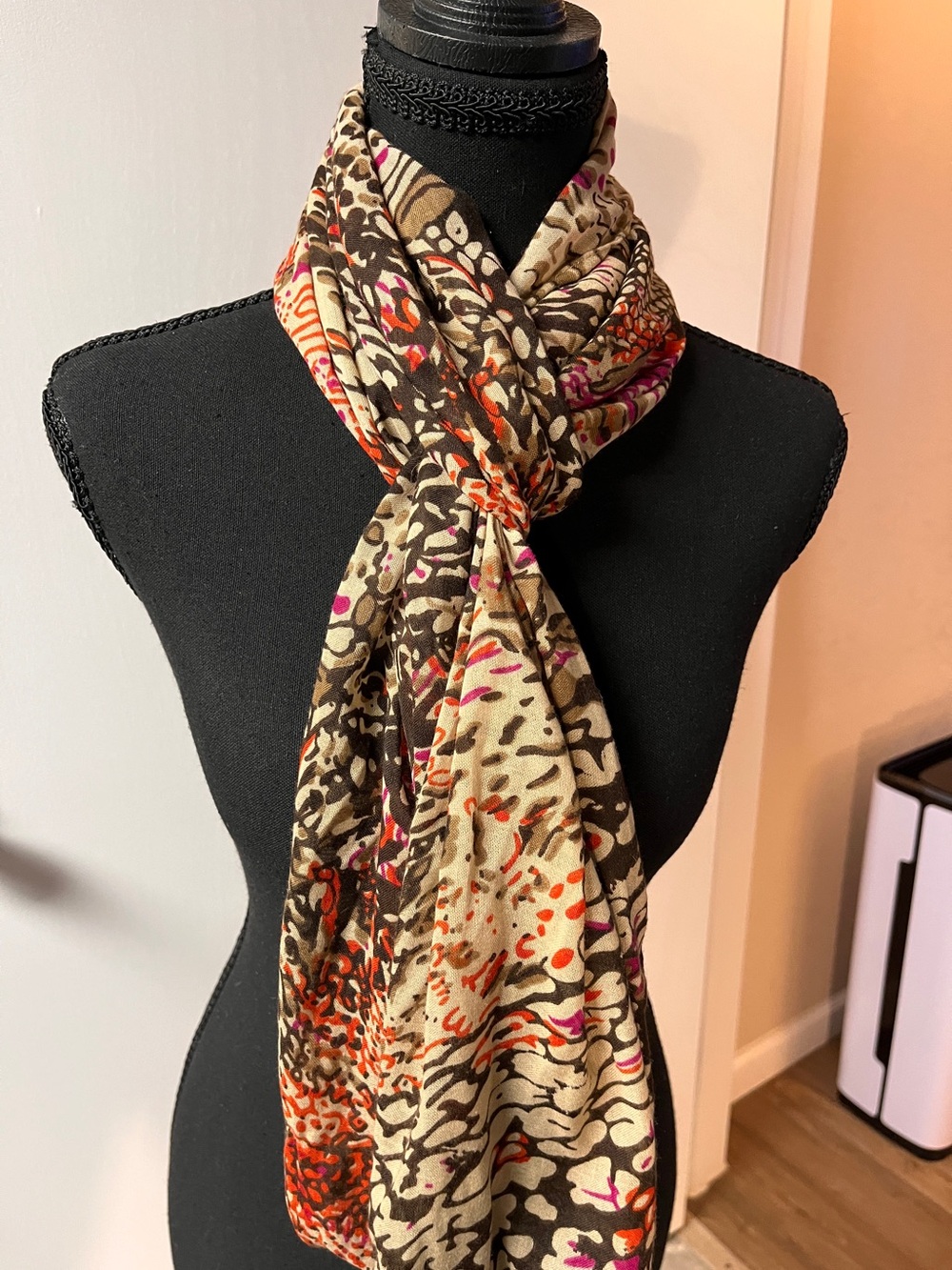 Neutral Multicolor Patterned Women's Scarf - Beige, Brown & Orange